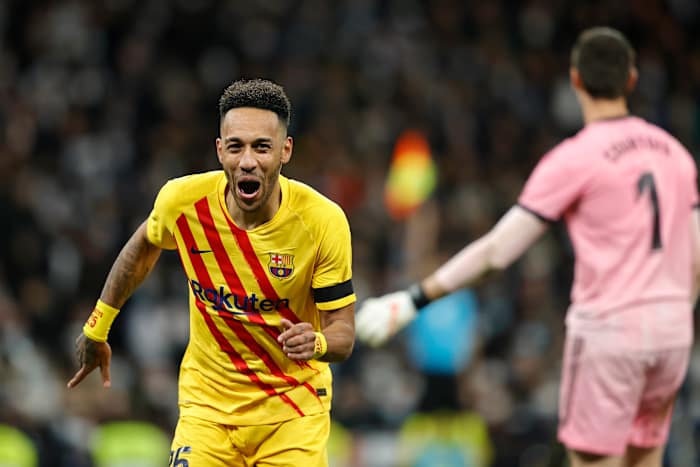 Pierre-Emerick Aubameyang celebrates scoring his second goal in a 4-0 win for Barcelona at Real Madrid